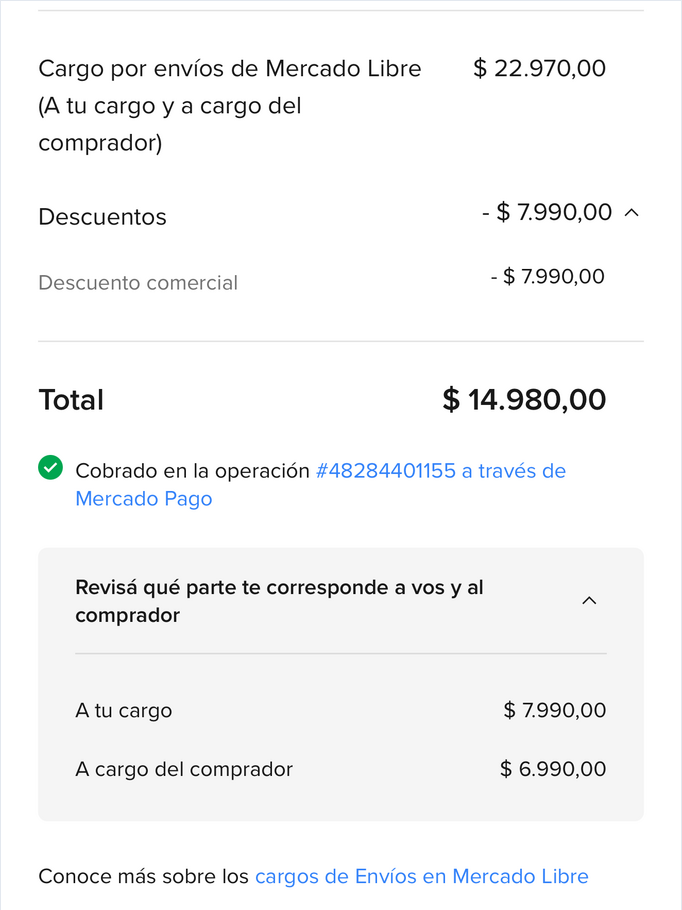 Desglose del cargo por envíos de Mercado Libre: costo, descuento comercial y reparto entre vendedor y comprador