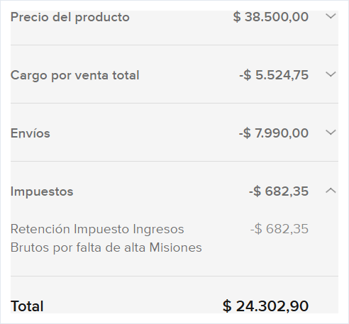 Detalle de cobro con retención de Ingresos Brutos por falta de alta en Misiones
